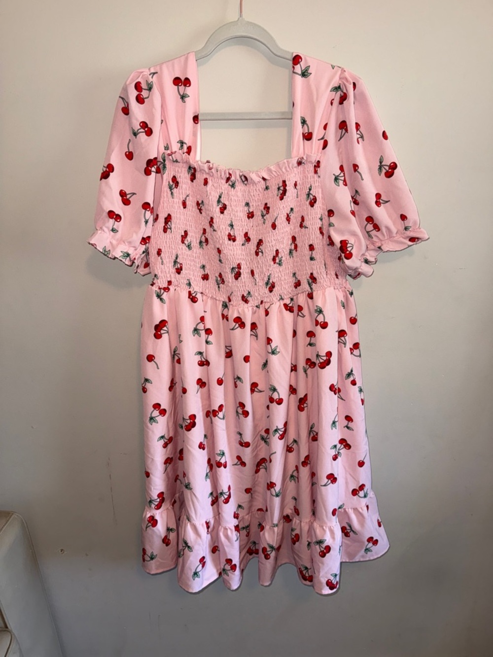 Gently used - SHEIN Pink Cherry Print Smocked Square-Neck Dress
